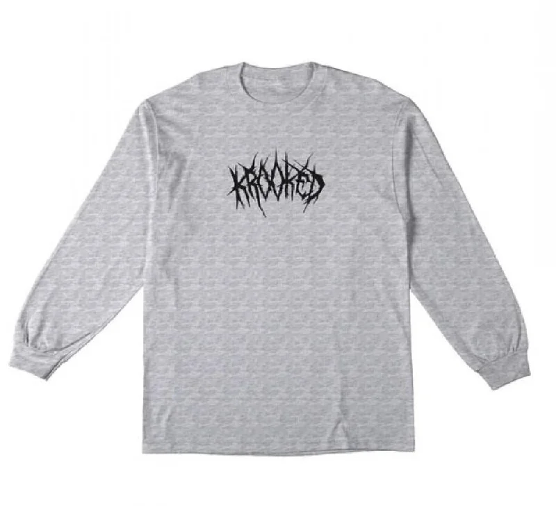Krooked Longsleeve T-Shirt Necro Skript - Ash / Black Print-- Machine Wash Dry Clean Hand Wash