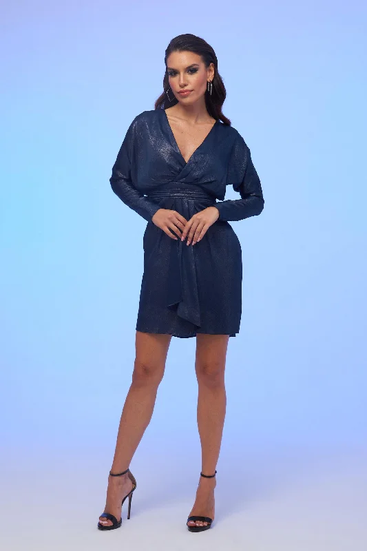 Angelino Navy Blue Foil Satin Long Sleeve Short Evening Dress Tunics Distressed trendy Angelino Navy Blue Foil Satin Long Sleeve Short Evening Dress Tunics Distressed trendy