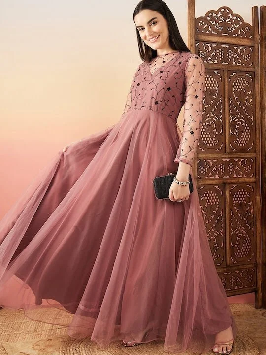 Mauve Floral Embroidered Flared Maxi Ethnic Dresses Tunics Velvet soft