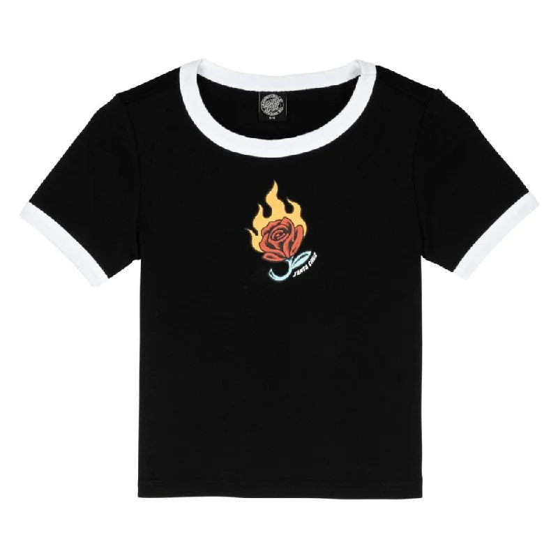 Santa Cruz Womens T-Shirt Lucky Rose Ringer T-Shirt - Black / White-- Silk Blend Satin Velvet