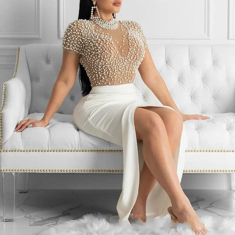 Lady Elegant Party Luxurious Sexy See-Through Tulle and Beaded Pearls Turtle Neck Short Sleeve Split Women's Evening Dress Casual Short Summer Lady Elegant Party Luxurious Sexy See-Through Tulle and Beaded Pearls Turtle Neck Short Sleeve Split Women's Evening Dress Casual Short Summer