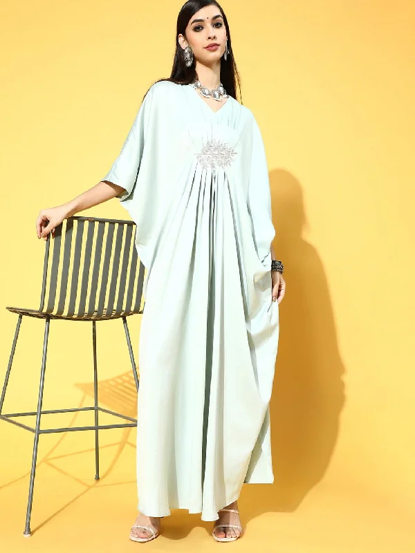 Green Polyester Partywear Solid Dresses Tunics Sophisticated sleek