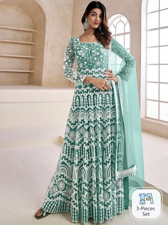 Floral Embroidered Fit & Flare Maxi Ethnic Dresses With Dupatta Tunics Business professional