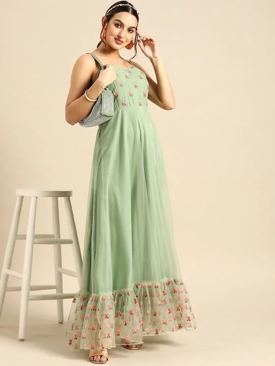 Floral Embroidered Net Maxi Ethnic Dress Tunics Print Colorful