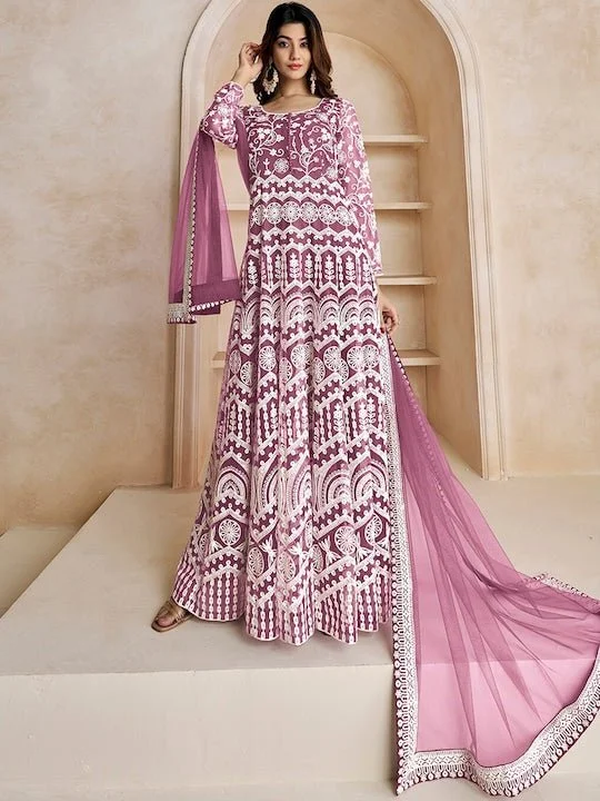 Floral Embroidered Fit & Flare Maxi Ethnic Dresses With Dupatta Tunics Bridal satin