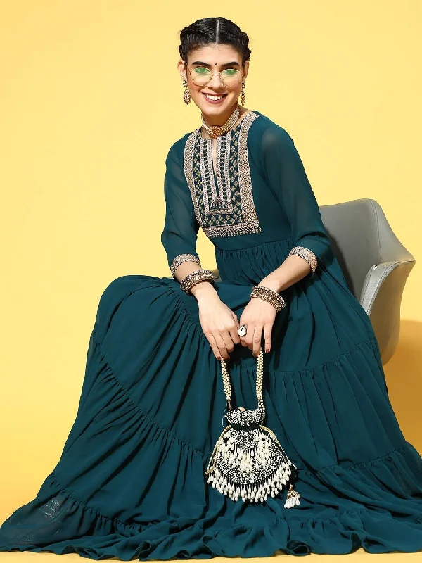 Teal Nylon Partywear Self Design Dresses Tunics Brand named