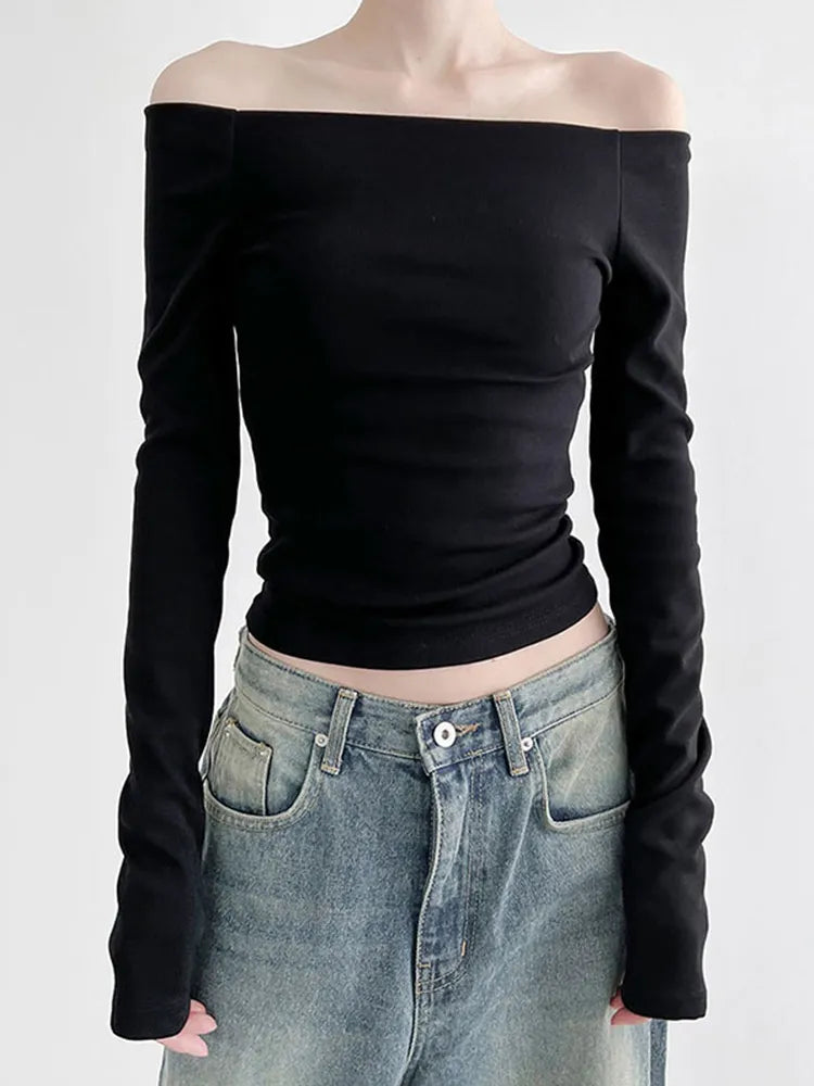 Black Solid Slash Neck Elegant Long Sleeve Tops Korean Fashion Slim Sexy Cropped T Shirt Women Fall Clothing-- Hooded Caped Shawl Collar