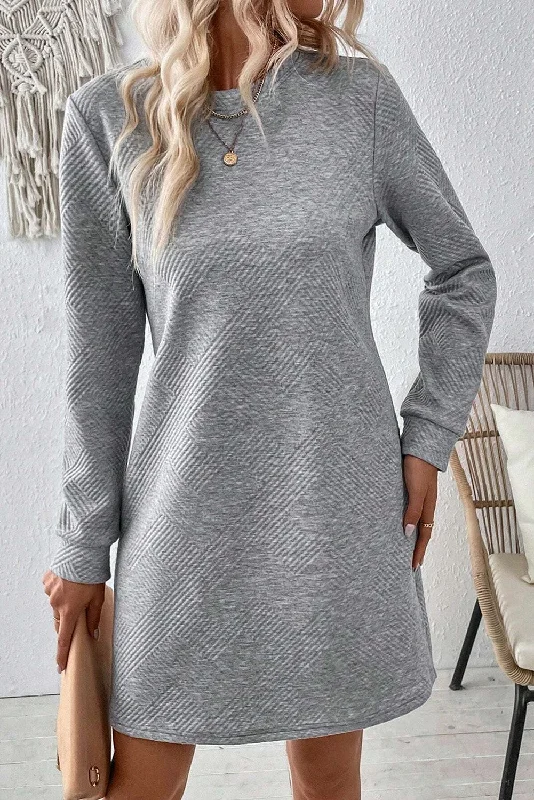 Solid Color Textured Long Sleeve Shift Dress Tunics Review highly