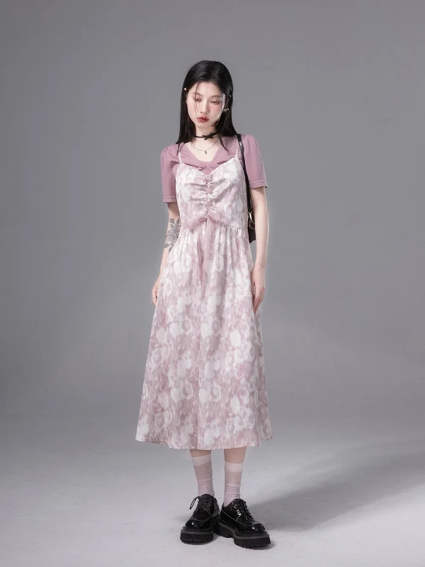 Center Twist Design T-Shirt and Cross Strap Floral Camisole Dress COT0072-- Welt Pockets Slit Pockets Center Twist Design T-Shirt and Cross Strap Floral Camisole Dress COT0072-- Welt Pockets Slit Pockets