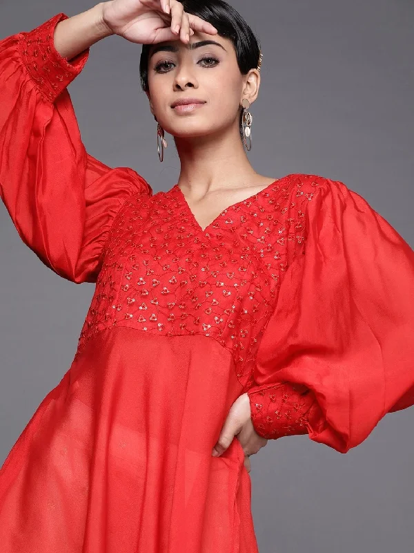 Red Polyester Embroidered Dress Tunics Silk luxurious