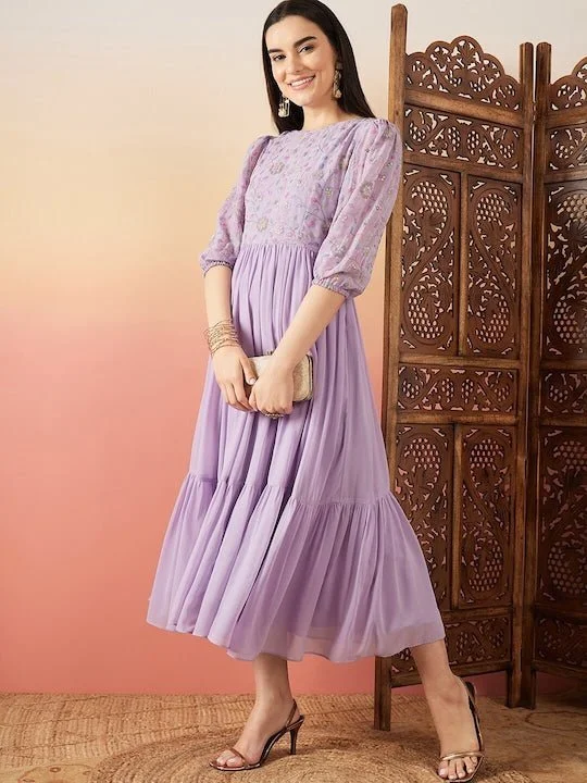 Lavender Floral Embroidered Flared Midi Ethnic Dresses Tunics Chinos classic