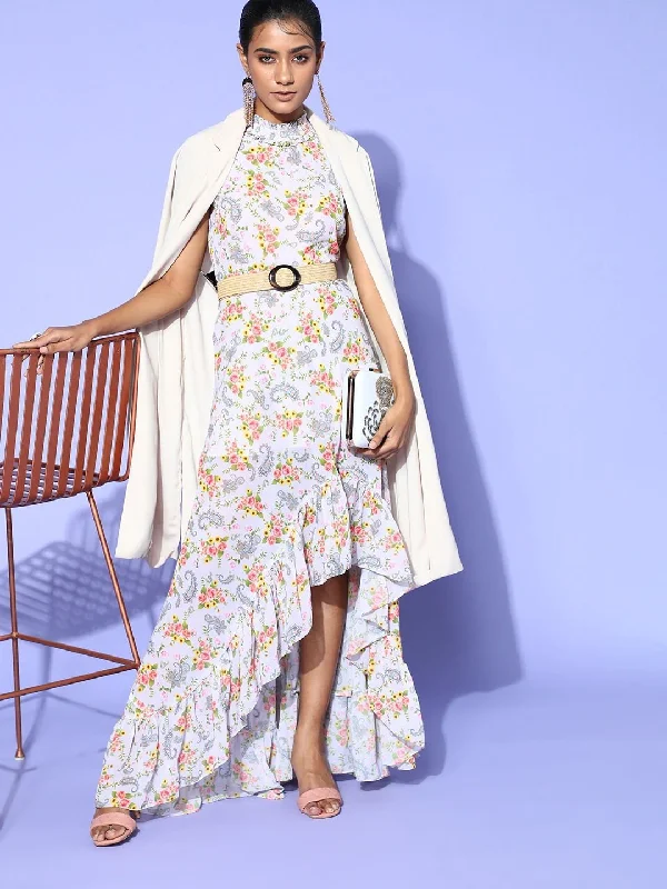 Cream Floral Printed High-Low Ruffled Dress Tunics Fleece cozy