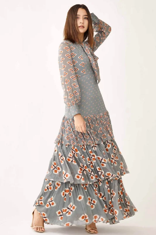 Blue With Grey Frilled Dress Turtleneck Neckline Stylish