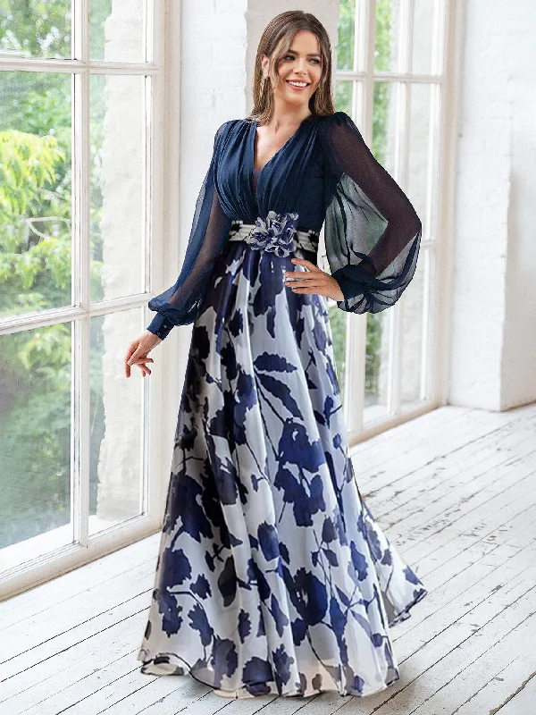A Line/Princess V-Neck Long Sleeves Floor Length Floral Mother of the Bride Dresses With Flower Turtleneck Warm Winter A Line/Princess V-Neck Long Sleeves Floor Length Floral Mother of the Bride Dresses With Flower Turtleneck Warm Winter