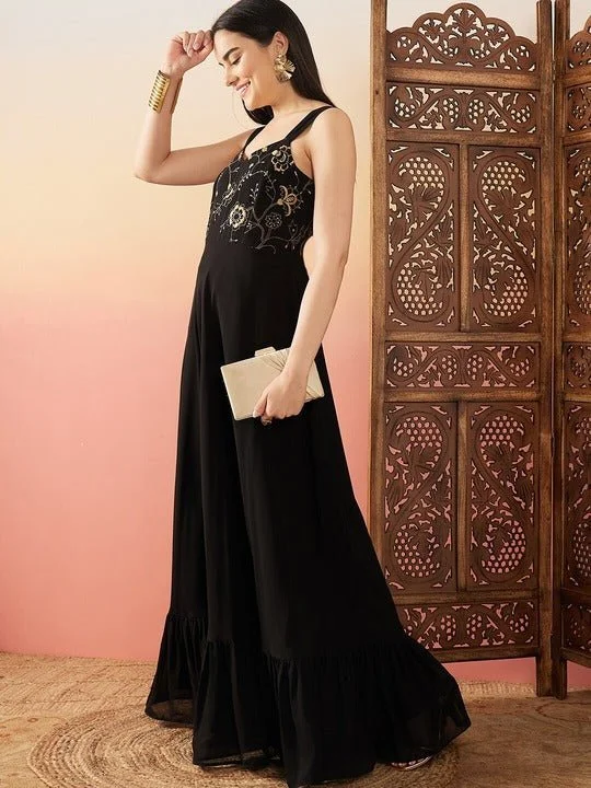 Black Sequence Embroidered Flared Maxi Ethnic Dresses Tunics Polka dots
