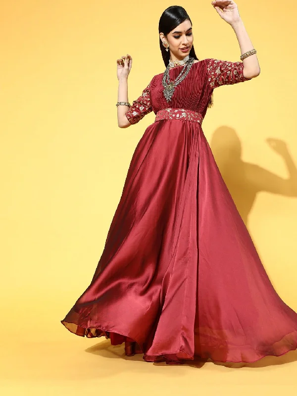Maroon Poly Silk Partywear Self Design Dresses Tunics New arrival