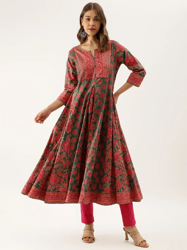 Women Green Floral Printed Flared Kurta Dress Tunics Mesh breathable