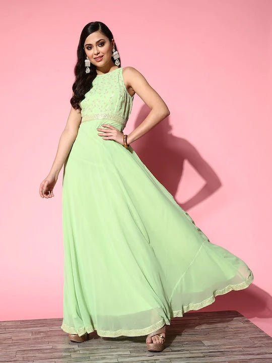 Lime Green Floral Embroidered Georgette Maxi Ethnic Dress Boat Neckline Classic
