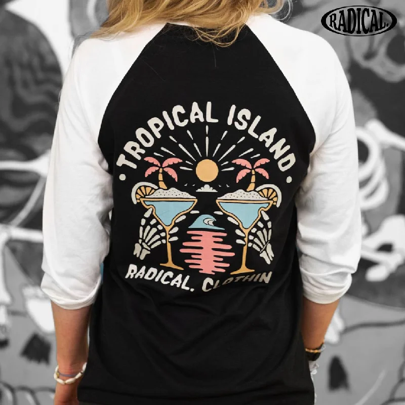 Radical. Tropical Island Unisex Raglan Long Sleeve T-shirt - Black/White-- Hooded Caped Shawl Collar Radical. Tropical Island Unisex Raglan Long Sleeve T-shirt - Black/White-- Hooded Caped Shawl Collar