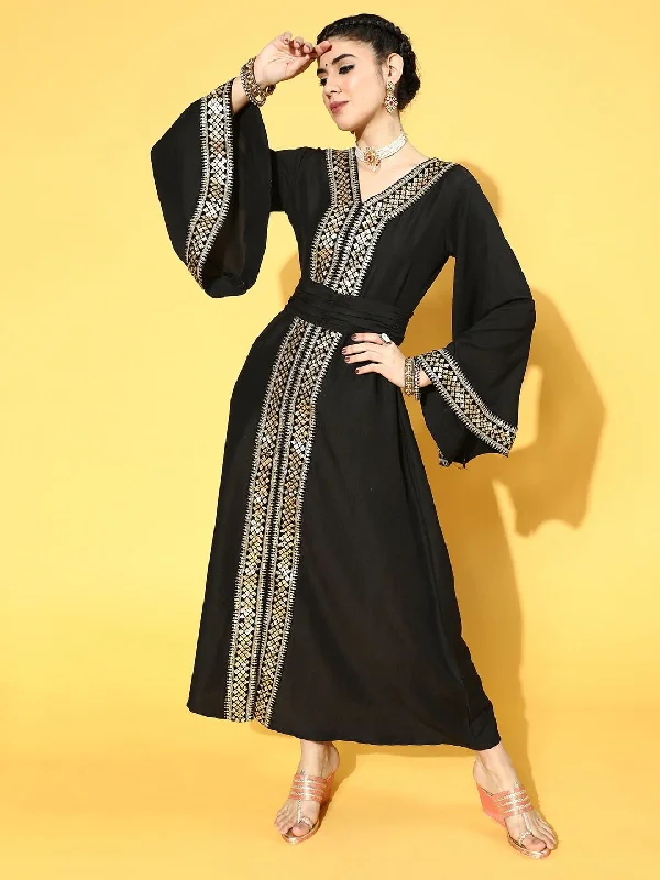 Black Poly Silk Partywear Ethnic Motifs Dresses Tunics Cozy soft