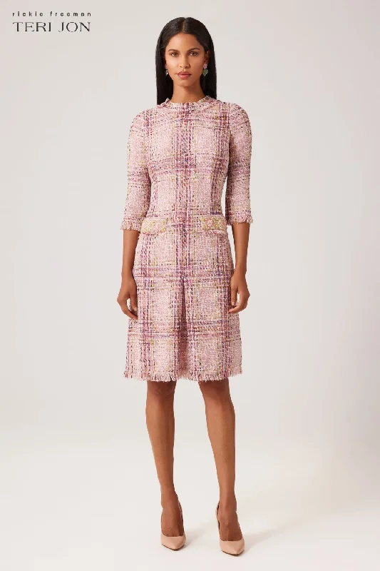 Plaid Pattern Tweed Jewel Neckline 3/4 Sleeve Dress Tunics Trendy modern