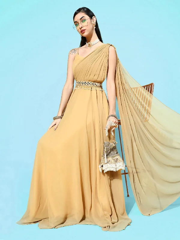 Mustard Georgette Partywear Solid Dresses Tunics Occasion special