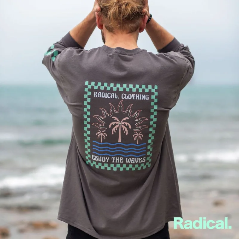 Radical. Waves Unisex Long Sleeve T-shirt - Grey-- Rayon Velvet Corduroy