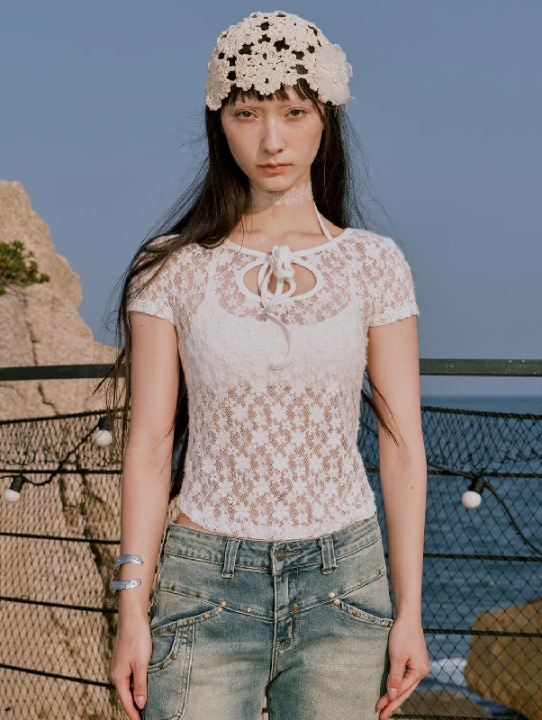 White Lace Short-sleeved T-shirt RUN0052-- Collared Crew Neck Turtle Neck