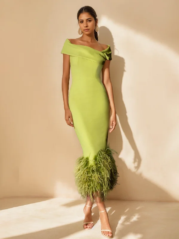 Sheath/Column Off-the-Shoulder Short Sleeves Tea-Length Unique Mother of the Bride Dresses with Feathers Tunics Seasonal trendy Sheath/Column Off-the-Shoulder Short Sleeves Tea-Length Unique Mother of the Bride Dresses with Feathers Tunics Seasonal trendy