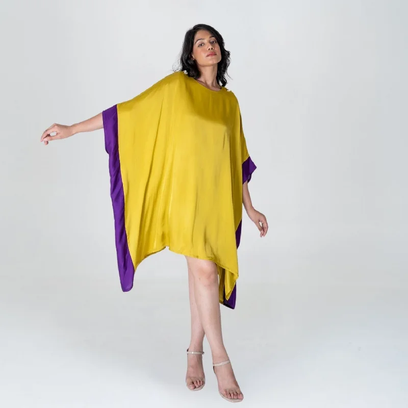 Vibrant Yellow-Purple Short Kaftan Dress | Modal | Stylish Elegance Tunics stripes playful