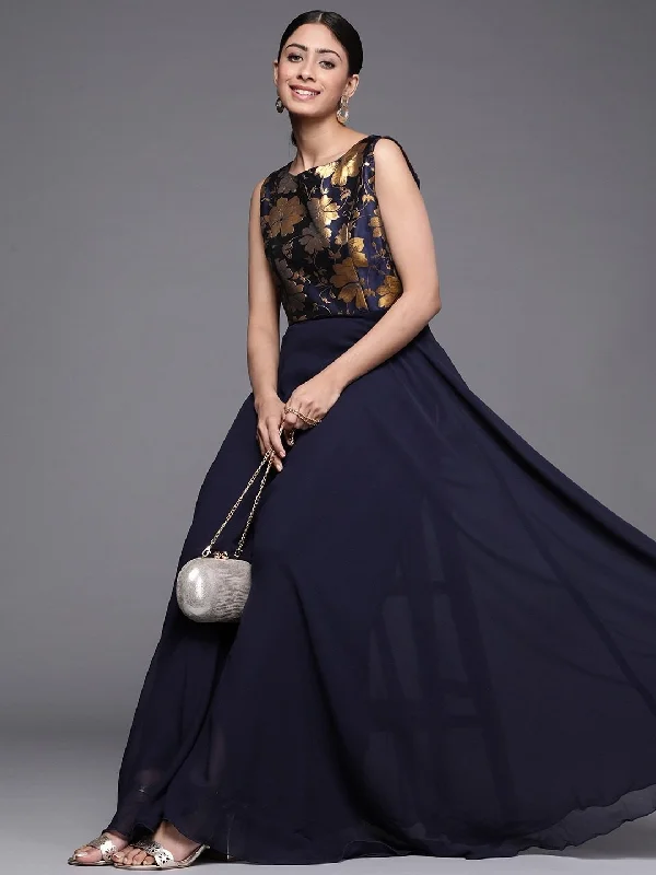 Navy Blue Georgette Partywear Woven Gown Dress Tunics Evening elegant