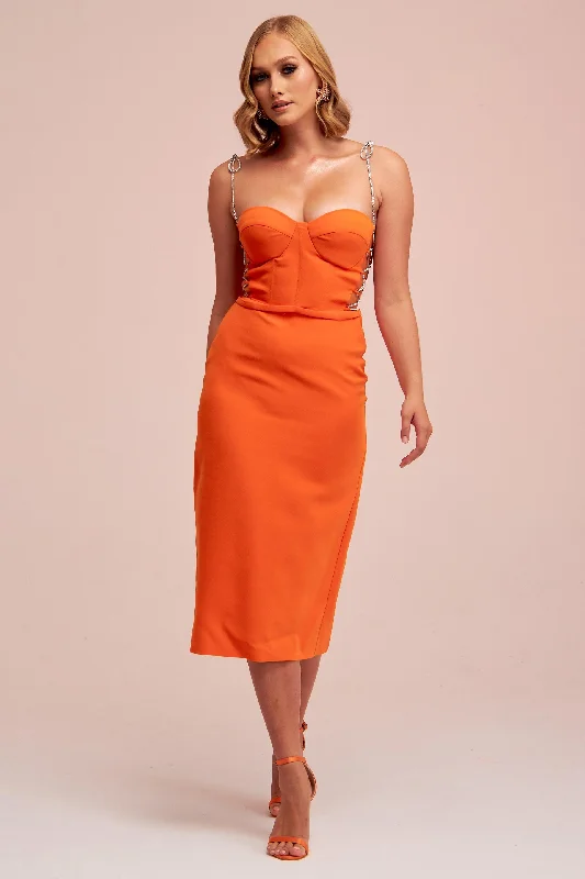 Angelino Orange Stone Lace Midi Crepe Evening Dress Tunics Stylish elegant