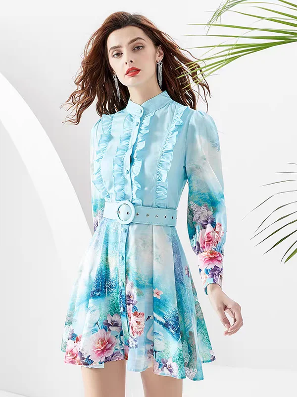 Blue Floral Short A line Dress with Belt Tunics Versatile functional