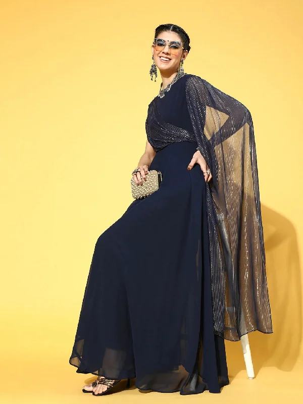 Navy Blue Georgette Partywear Solid Dresses Tunics Vintage classic