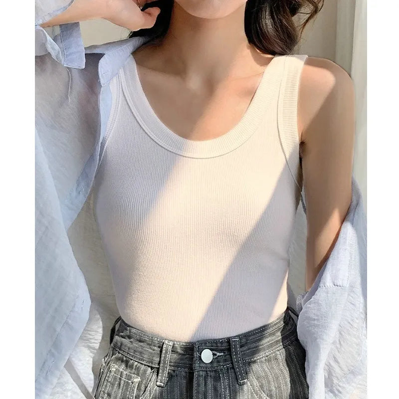 Vest Top Women Fashion Slim Tank Top Sleeveless Round Neck Summer Knit Women Camisole Solid Black White Basic Elastic T-Shirt-- Collared T-Shirt Boat Neck A-Line