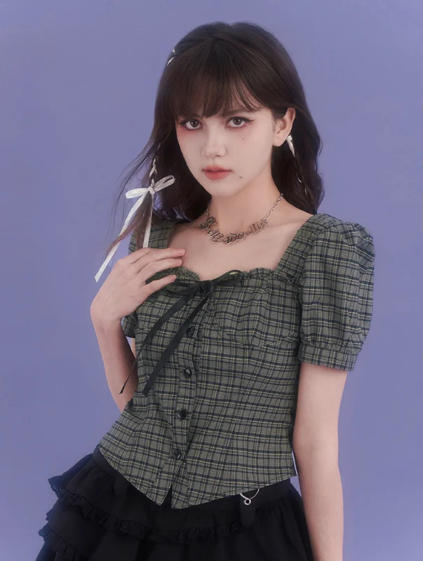 Square Collar Puff Sleeve Plaid Short-sleeved Shirt SAG0144-- Anti-Pilling Machine Wash Handmade Square Collar Puff Sleeve Plaid Short-sleeved Shirt SAG0144-- Anti-Pilling Machine Wash Handmade