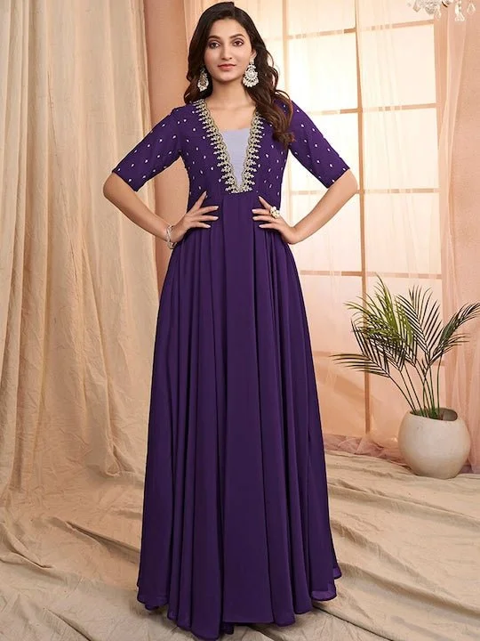 Purple Floral Embroidered V-Neck Georgette Maxi Ethnic Motifs Dress Tunics Yoga stretchy Purple Floral Embroidered V-Neck Georgette Maxi Ethnic Motifs Dress Tunics Yoga stretchy