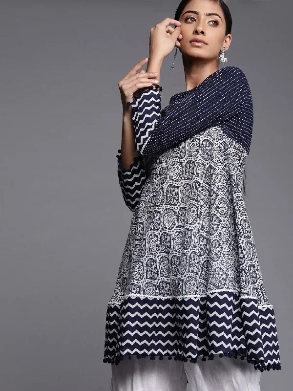 Navy Blue Cotton Printed Dress Turtleneck Neckline Stylish