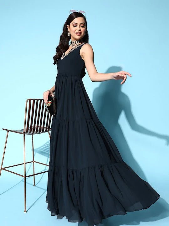 Teal Embroidered Georgette Tiered Gown Dress Turtleneck Warm Winter