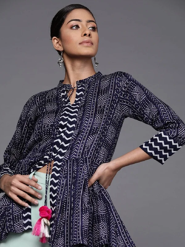 Navy Blue Cotton Printed Dress Crew Neckline Casual