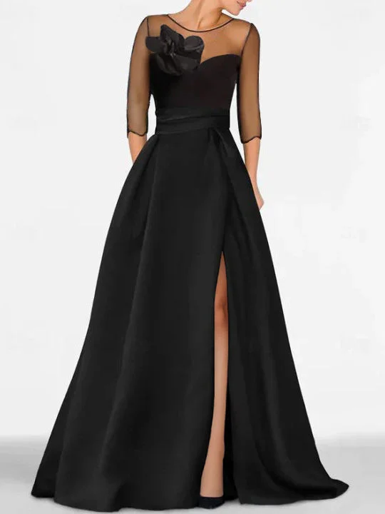 A-Line/Princess Sweetheart 3/4 Sleeves Mother Of The Bride Dresses With Lace Flower & High Split Boat Neckline Classic A-Line/Princess Sweetheart 3/4 Sleeves Mother Of The Bride Dresses With Lace Flower & High Split Boat Neckline Classic