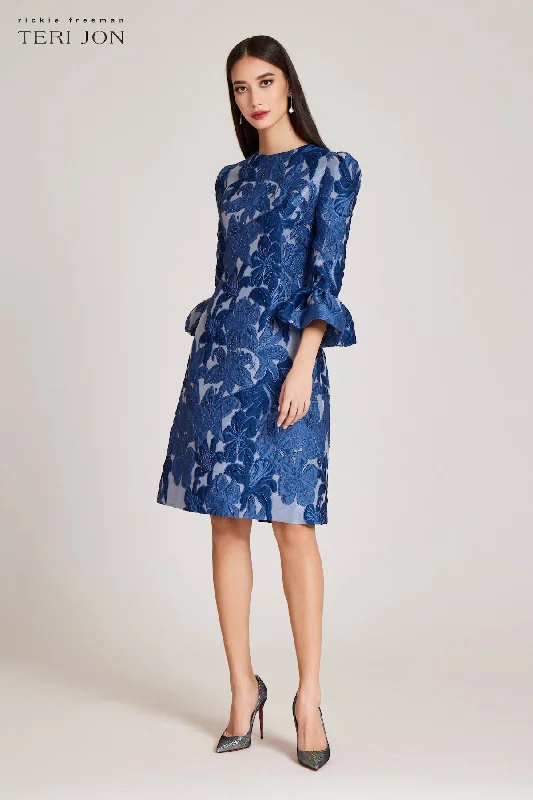Jacquard Floral 3/4 Sleeve Flounce Cuff Dress Tunics Leisure comfortable