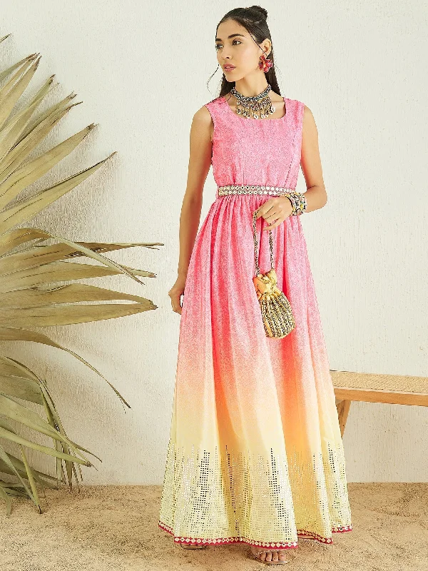 Pink Floral Printed Gathered Detailed Maxi Ethnic Dress With Belt Elegant Long Evening Pink Floral Printed Gathered Detailed Maxi Ethnic Dress With Belt Elegant Long Evening