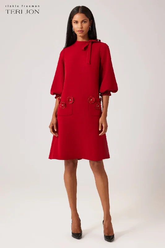 Crepe Tie Neck Flower Applique Trim Dress Tunics Exclusive limited