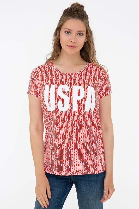 US Polo Assn. Crew Neck T-Shirt USPA Print - Women-- Collared T-Shirt Boat Neck A-Line US Polo Assn. Crew Neck T-Shirt USPA Print - Women-- Collared T-Shirt Boat Neck A-Line