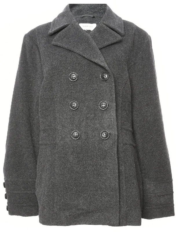 Double Breasted Wool Coat - L Stand-Up Roll-Neck Turtle