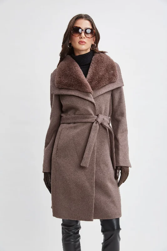 Faux Fur Collar Wool Wrap Coat Tie-Waist Belted Drawstring