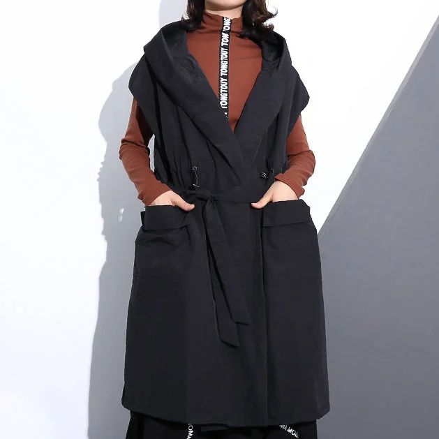 Fine black cotton blended tops plus size hooded tie waist clothing tops Elegant Sleeveless coats Boat Shawl Notched Fine black cotton blended tops plus size hooded tie waist clothing tops Elegant Sleeveless coats Boat Shawl Notched