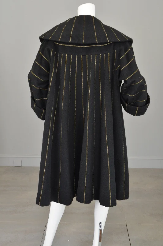 1950s 60s Black Wool Gold Metallic Swing Coat MOD Coat Appliqued Beaded Sequined