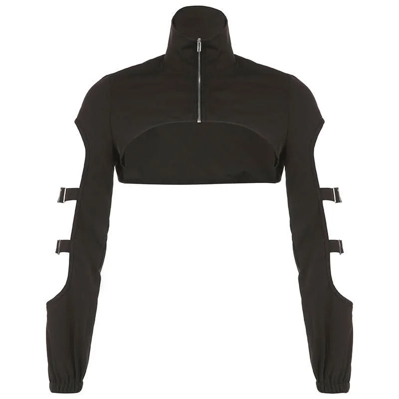 High neck long sleeve hollow out buckle crop coat cut out top Embroidered Appliqued Beaded